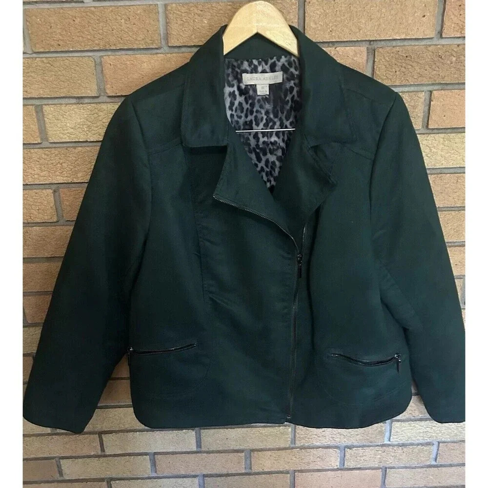Laura Ashley Womens XL Tribeca Faux Suede Full Zip Moto Jacket Dark Green